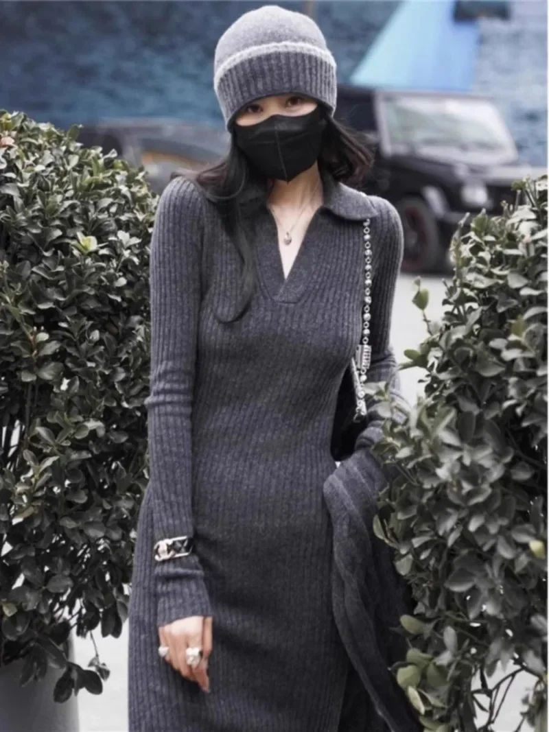 Gaun rajut Mode Korea wanita, pakaian Sweater warna Solid Slim Fit dasar musim gugur dan musim dingin