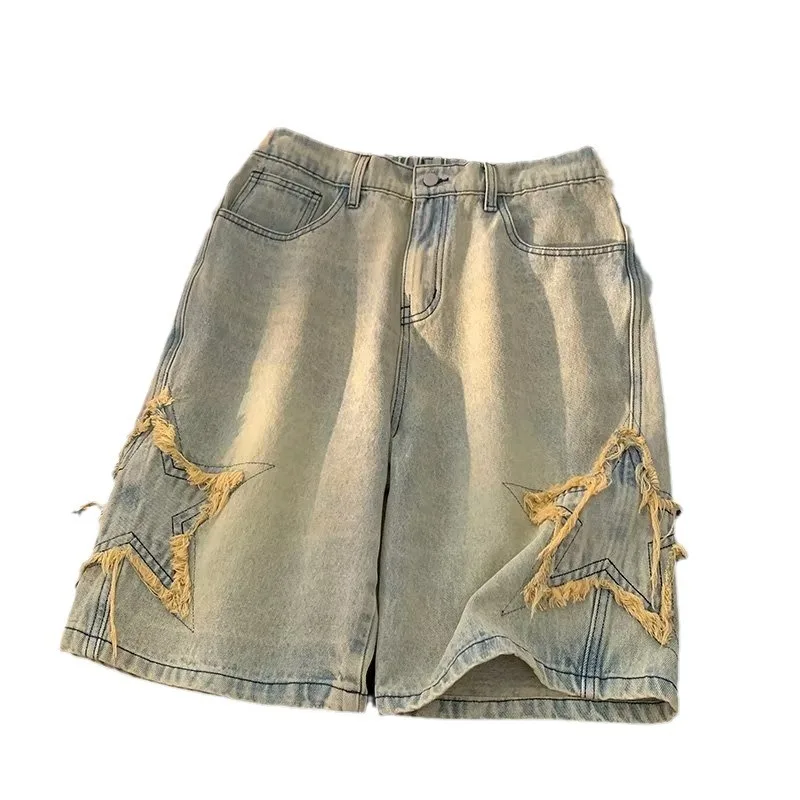 خمر الرجال الصيف ستار الدنيم السراويل عارضة الهيب هوب الرباط مستقيم فضفاض خمس نقاط السراويل الجينز