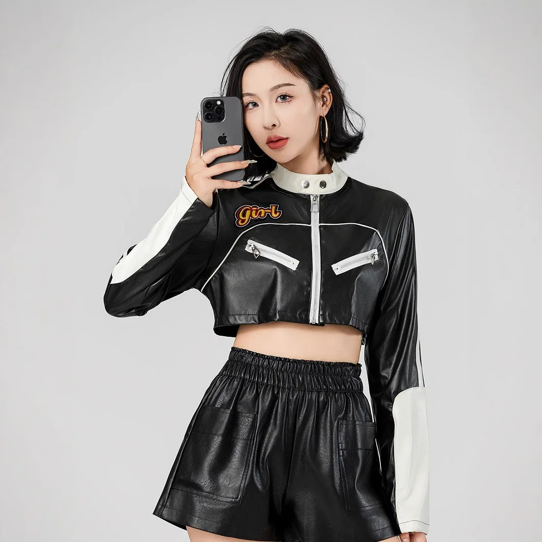 Street Sle Biker Jaet Abrigo de cuero ort para mujer Sexy chica picante Color Blo Personali cuero transfronterizo irt