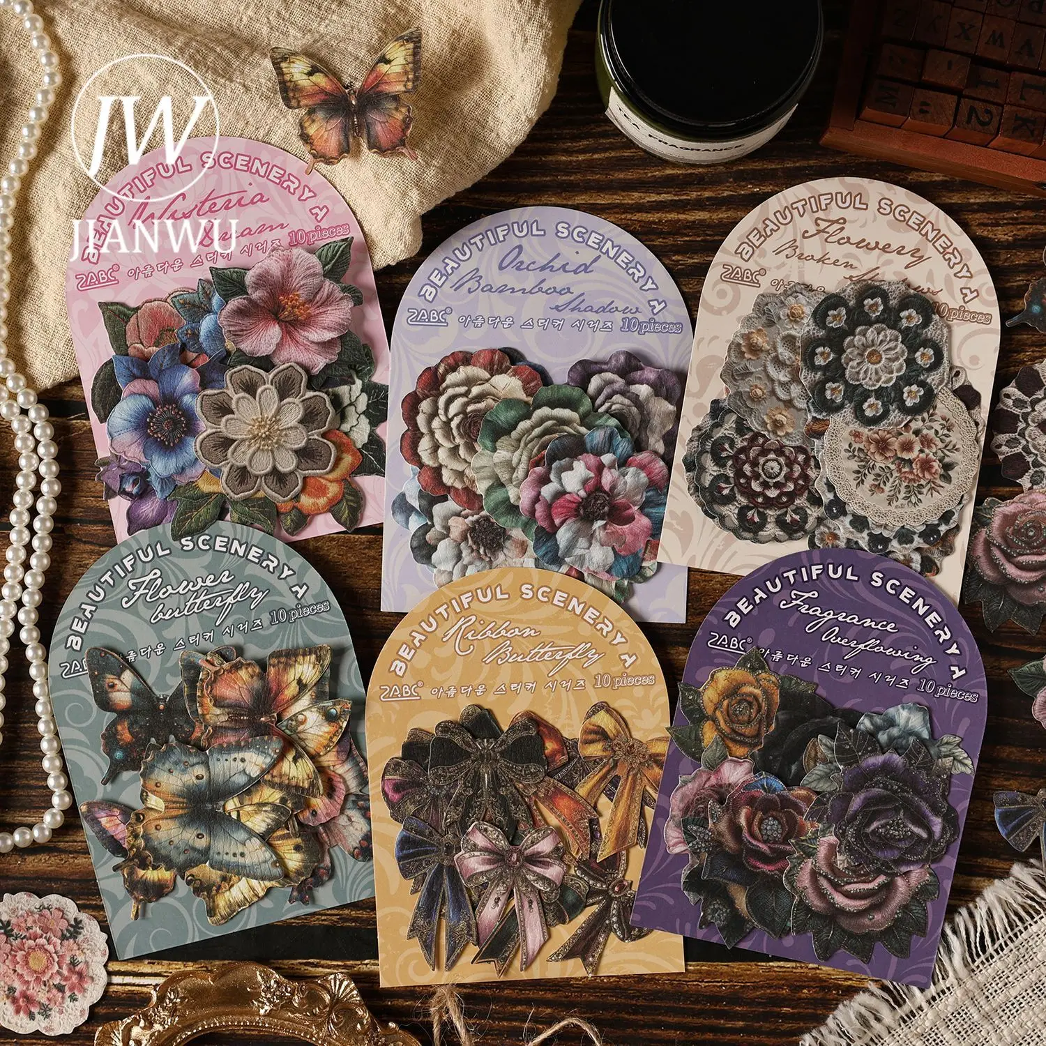 JIANWU Bright and Picturesque Series Vintage Flower Butterfly Bow Landscape Material Collage Sticker Creative Journal Stationery view 2