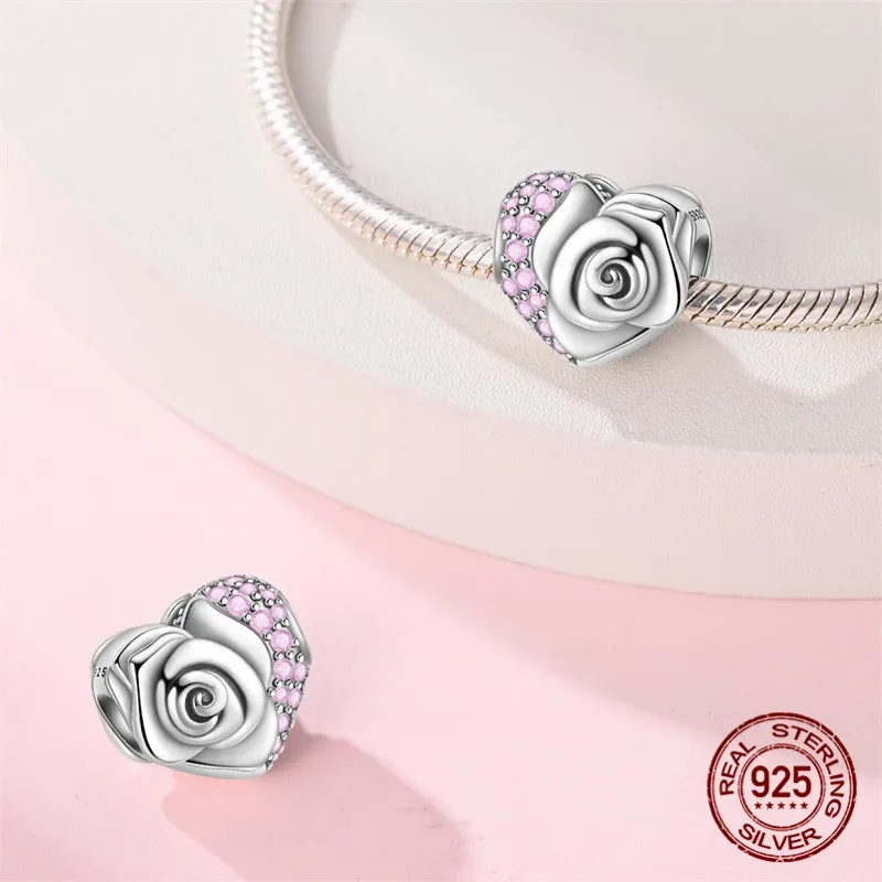 طقم خرز على شكل بتلة على شكل قلب من الفضة الإسترليني عيار 925 مع زركون مع سوار أصلي هدية مجوهرات نسائية ذاتية الصنع