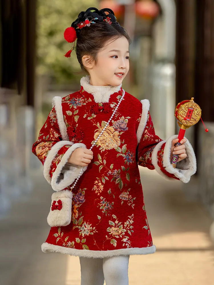 Hanfu Girls\' New Year\'s Greetings, Children\'s Chinese Style Tang Winter Clothing, One Year Old Cheongsam Skirt,  New Year Baby