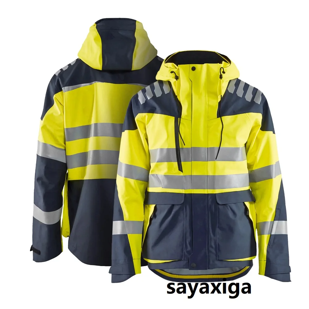 3In1 High Visibility Reflective Cycling Fleece Inside Jacket Winter Stripe Patchwork Hooded Overcoat Hi Vis Safety Work CLothing