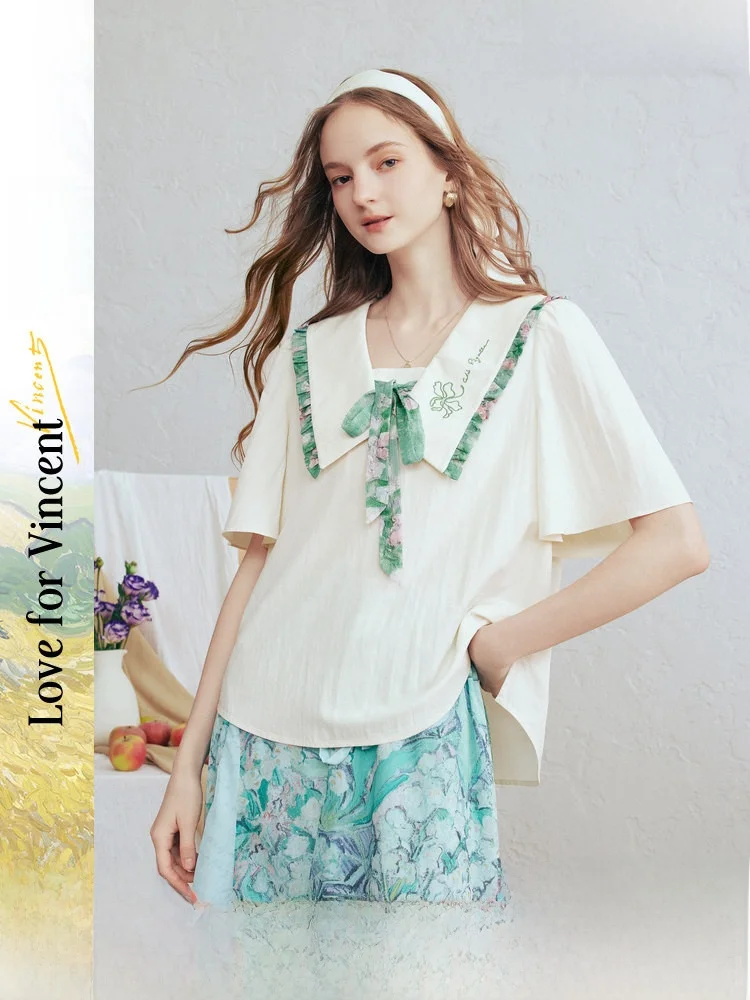 

Новая женская блузка Sweet Style с цветочным принтом, кружевным воротником, завязками на талии, вышивкой, дышащая, свободного кроя, с коротким рукавом, весенняя коллекция