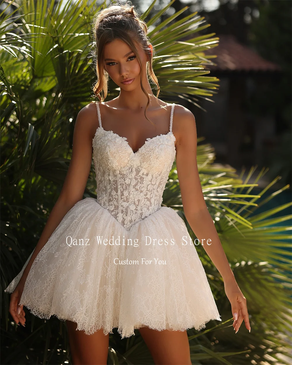 Qanz فستان زفاف عاجي رقيق مزين بالدانتيل قصير على شكل حرف A زي العرائس أشرطة سباغيتي رداء صغير De Mariée مخصص