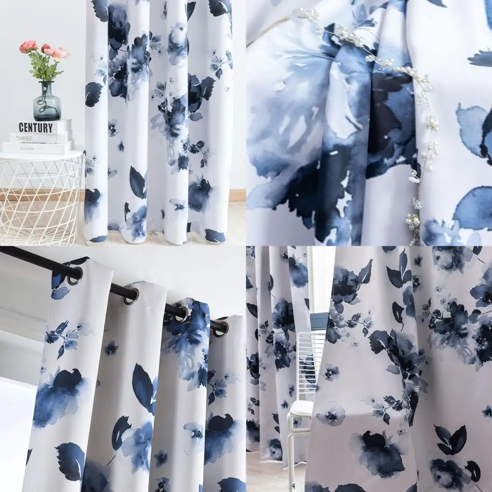 108 Inch Thermal Insulated Blue & White Floral Curtains, 2 Pack, Grommet Top for Living Room, Dorm, Farmhouse Style