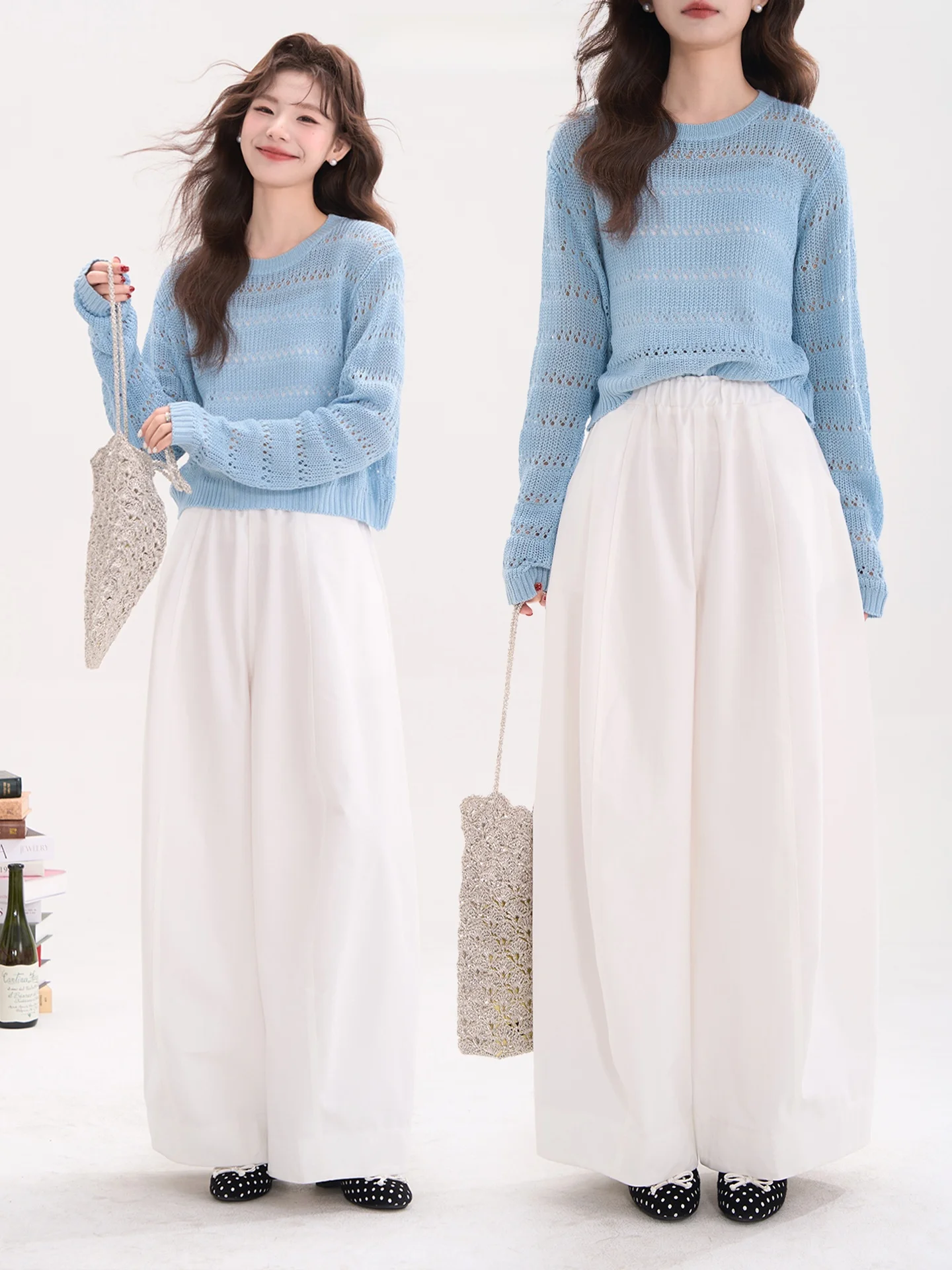 

Брюки Ele White Tea Spring Summer свободного кроя с широкими штанинами для женщин, повседневные, с высокой талией, из хлопка, прямого кроя, устойчивые к деформации