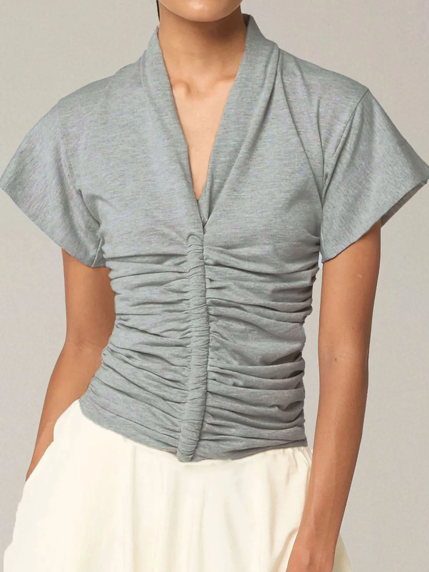 Feminino decote em v manga curta plissado cor sólida ajuste camiseta casual verão topo para diário streetwear moda