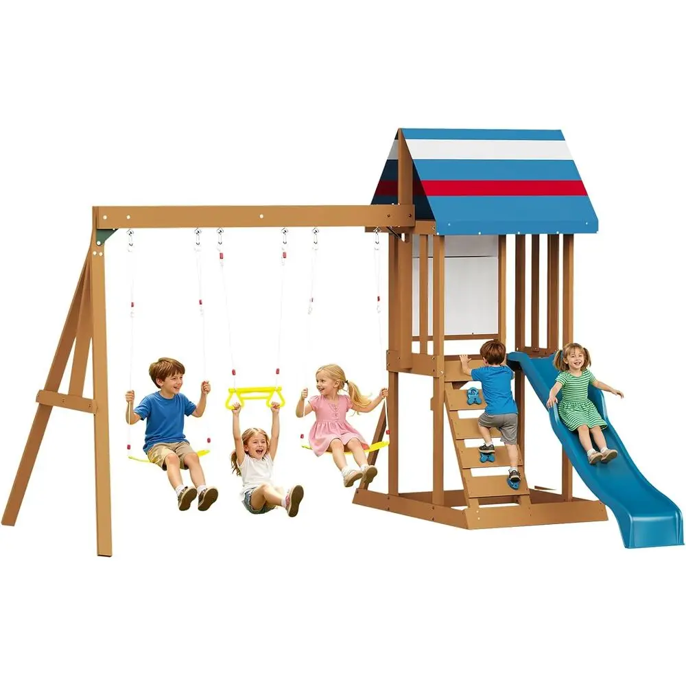 

Albott Kids' 6-in-1 Wooden Playset with Slide, Swings, and Playhouse for Ages 3-8