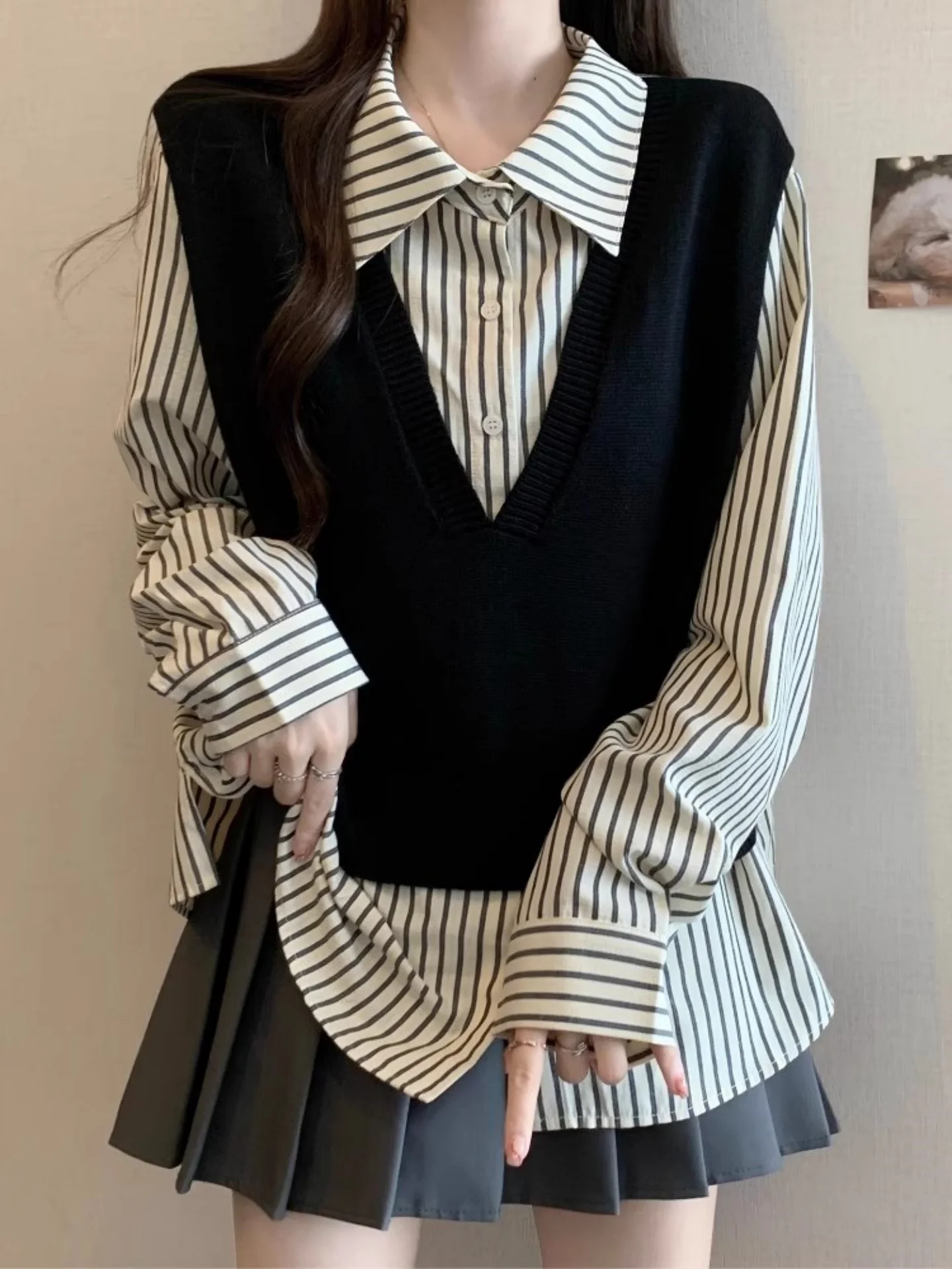 

Faionable Striped Long Sve Women's irt Winter plus Size Boting Top Korean Sle Loose Fit Premium Feeling Upperwear