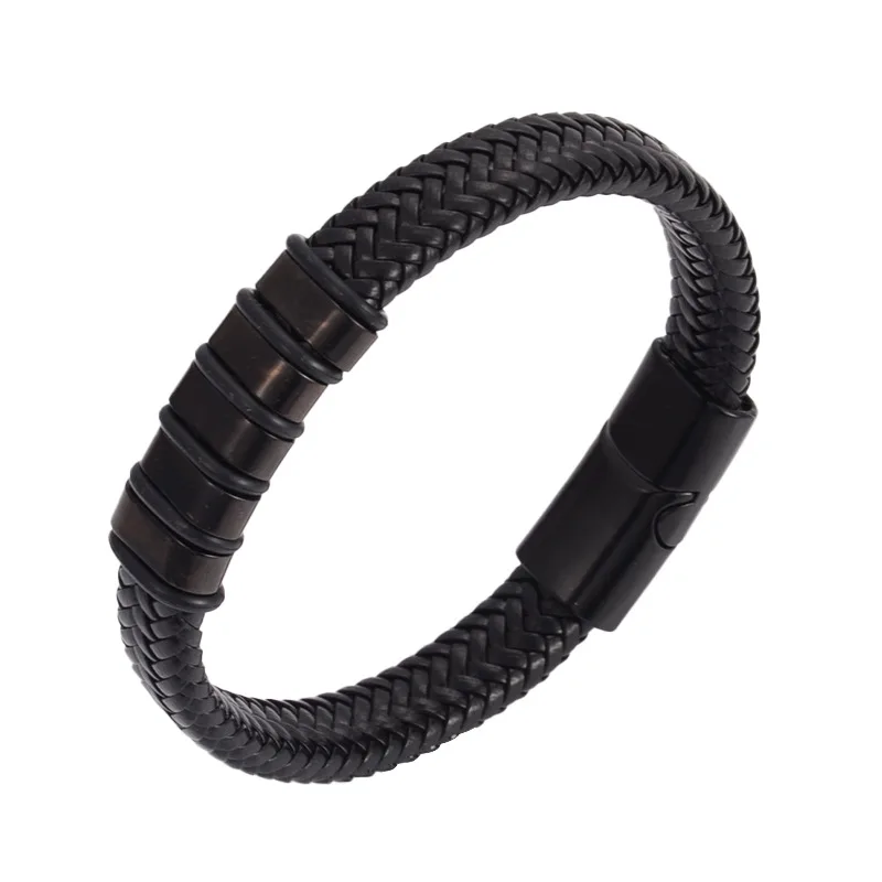 Pulsera antiestática de negocios para hombre, estilo Retro europeo americano, brazaletes de moda tejidos magnéticos de cuero y acero inoxidable