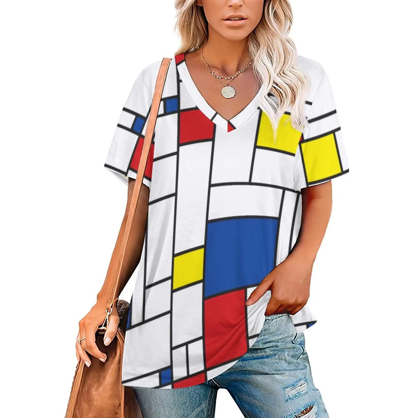 Retro Mondrian Plaid T-Shirts Mondrian Modern Art V Neck Korean Fashion Oversize T-Shirt Short Sleeve Aesthetic Tee Shirt Tops