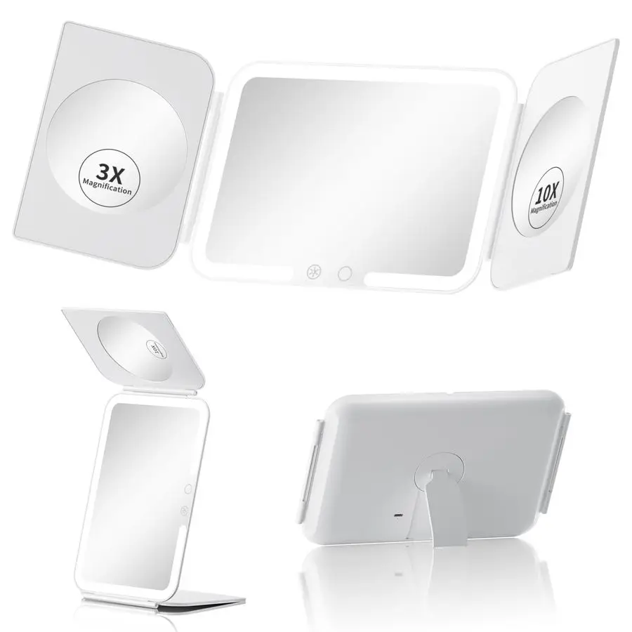 مرآة مكياج مضاءة للسفر، مرايا مكبرة قابلة لإعادة الشحن بقدرة 5000 مللي أمبير في الساعة 1X 3X 10X، 3 ألوان مضيئة للتعتيم بدون خطوات، U #1