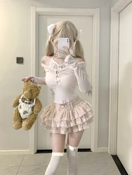 Autumn Sweet Kawaii Women Outfits Y2k V Neck Thin Tops + Sexy Slim Lace Vest + Cute High Wasit Mini Cake Skirt New 3 Piece Sets