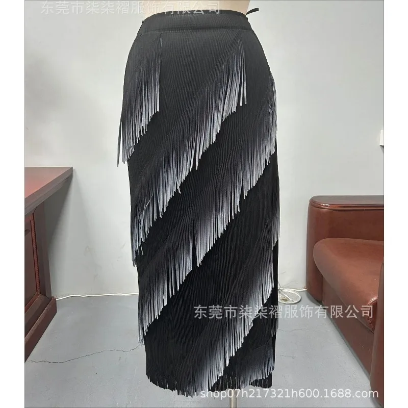 

Miyake Pleated Tassel Skirt Plisse Women 2026 Summer New High Waist Slim Pleats Jupe Design Black Draped Long Fold Skirt