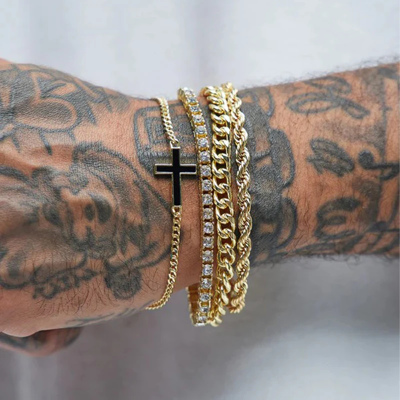 4pcs Stainless Steel Cross Chain Bracelet Set for Men Women Punk Hiphop Minimalist Zircon Bracelets Daily Wear Party Jewelry New