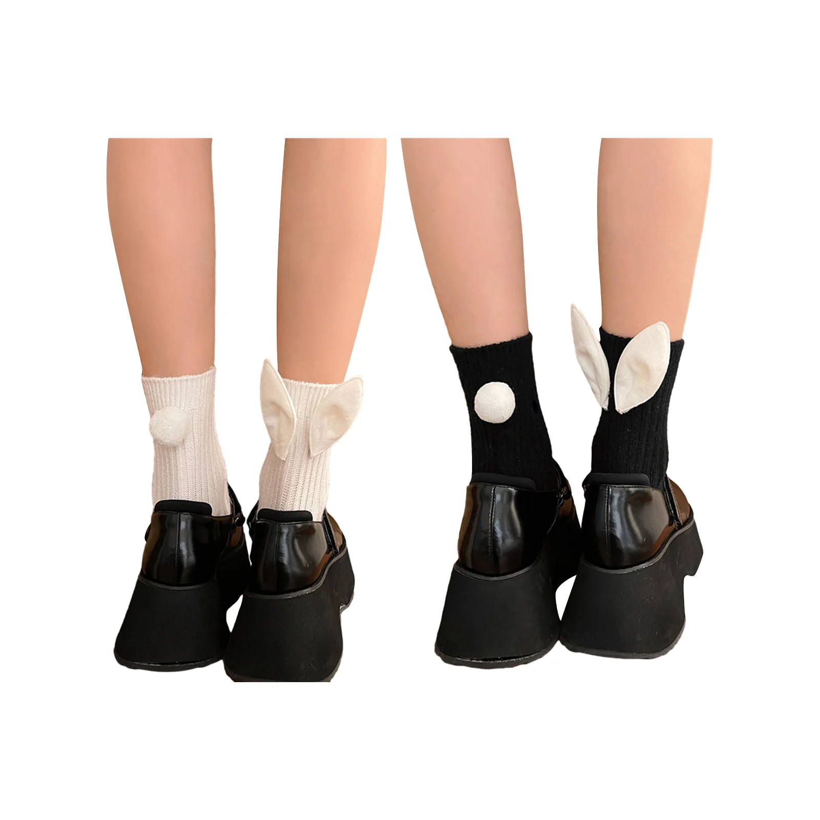 

Big Rabbit Ear Fur Ball Socks Combination Pack, 1 pair each of white and black