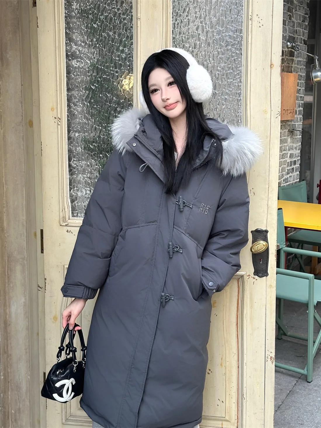 

Mint Peach ey Long Thiened Women's down Jaet with Fur Collar Commute Sle Cotton Inner Sve Zipper Pure Color