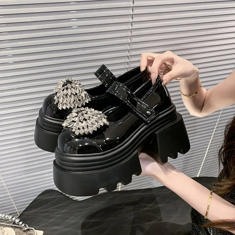 

Роскошные женские осенние кожаные туфли Мэри Джейн на массивной платформе и высоком каблуке с пряжкой до щиколотки, женские туфли-лодочки на толстом каблуке 10 см, туфли Лолиты