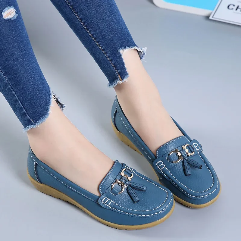 

2025 Spring Autumn Shoes Woman tassel Cow Leather Flats Women Slip On Women's Loafers Female Moccasins Shoe Large Size 35-43