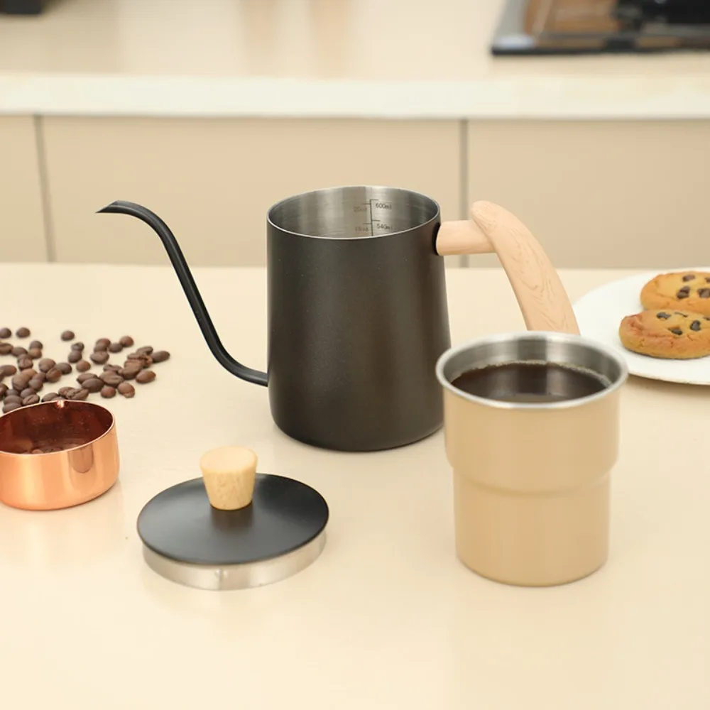304 Stainless Steel Pour Over Coffee Kettle Graduated 350/600 ML Hand Brewing Coffee Kettle Temperature Measurement Hole Design