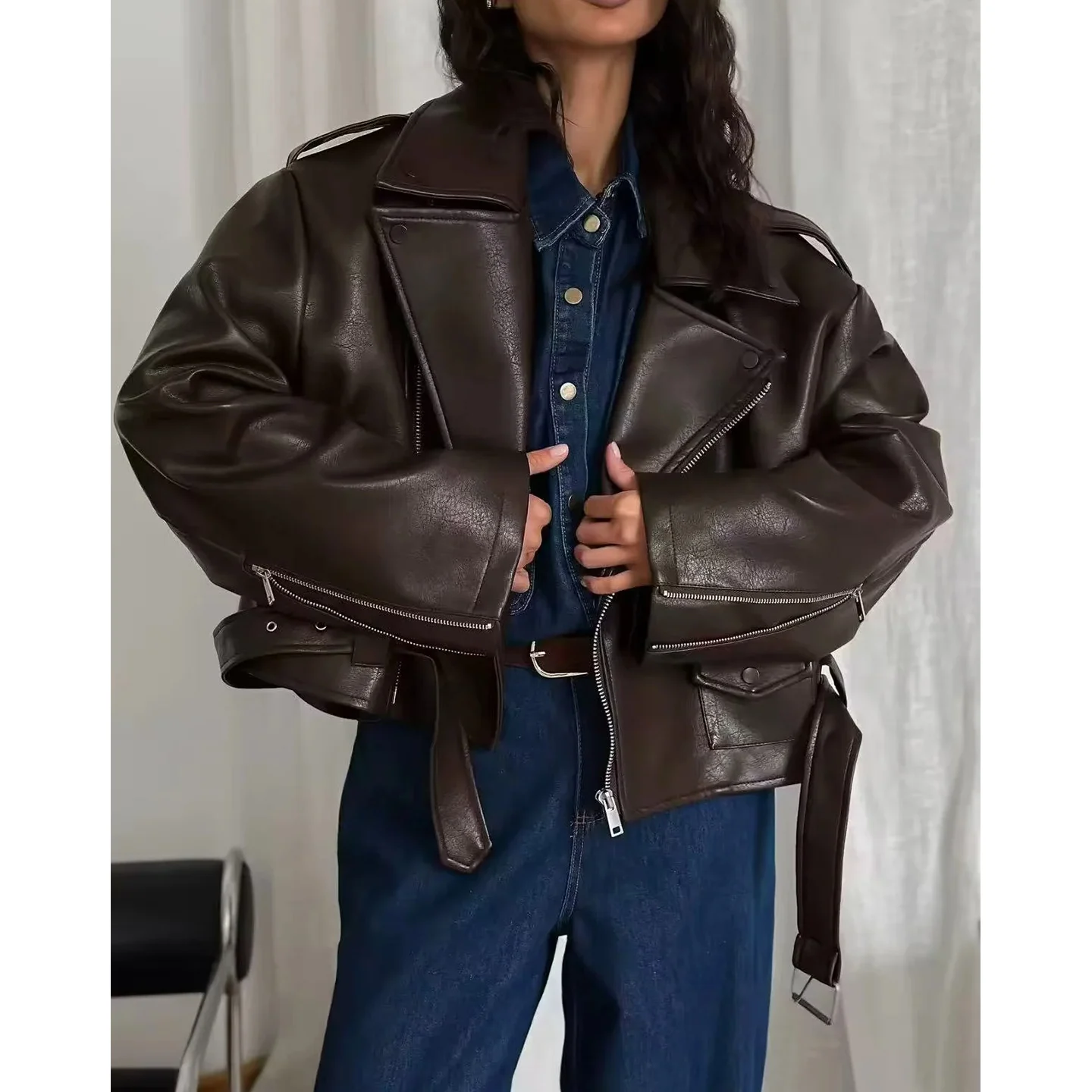 كول ort بو الجلود Jaet المرأة الخريف الشتاء جديد Sle طويل Sve سستة تصميم مربوط الوجه طوق معطف ملابس خارجية غير رسمية #4