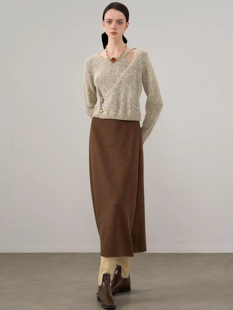 

Niniliuiu Mixed Linen Color Irregular Knitted Sweater Top Autumn Winter Lazy Ele Versatile Long Sve round Ne Pullover