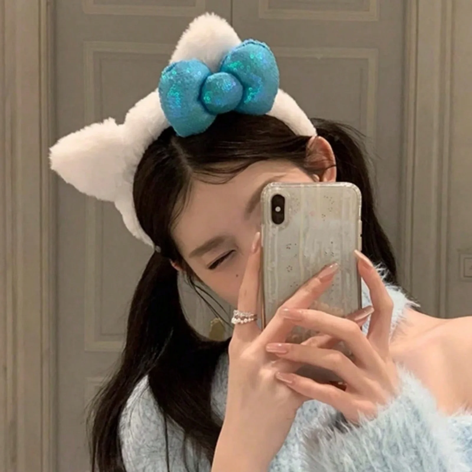 1PC Cat Ear Plush Hair Band, Casual Photo Hair Accessory, Hair Band with Bowknot, Polyester Material