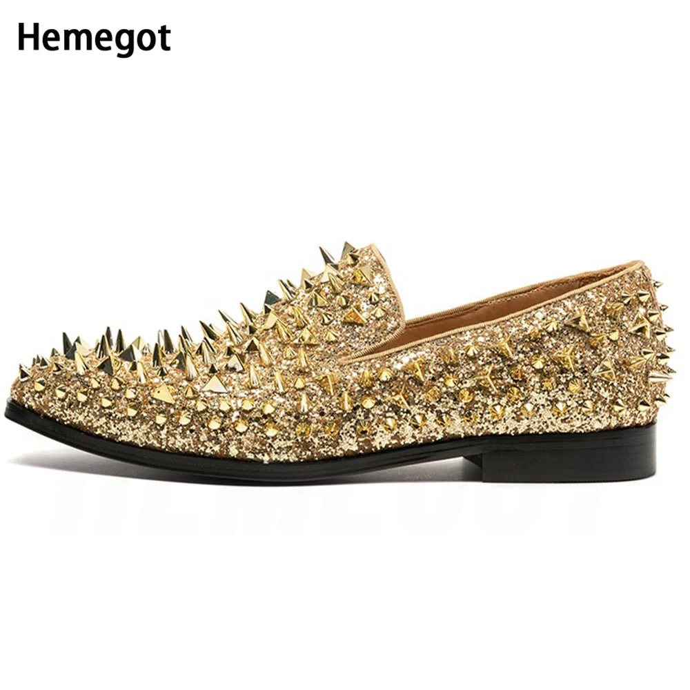 Men Rivets Loafers Bling Bling Gold Glitter Round Toe Slip-On Flat Leisure Shoes Flat Shoes for Man Party Shoes Male Gold Shoes