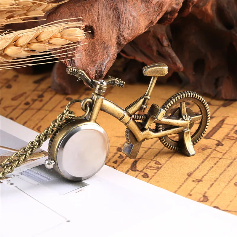 Vintage Bike Shape Clock Bicycle Men Women Quartz Analog Pocket Watch Pendant Necklace Chain Arabic Numeral Display Collectable