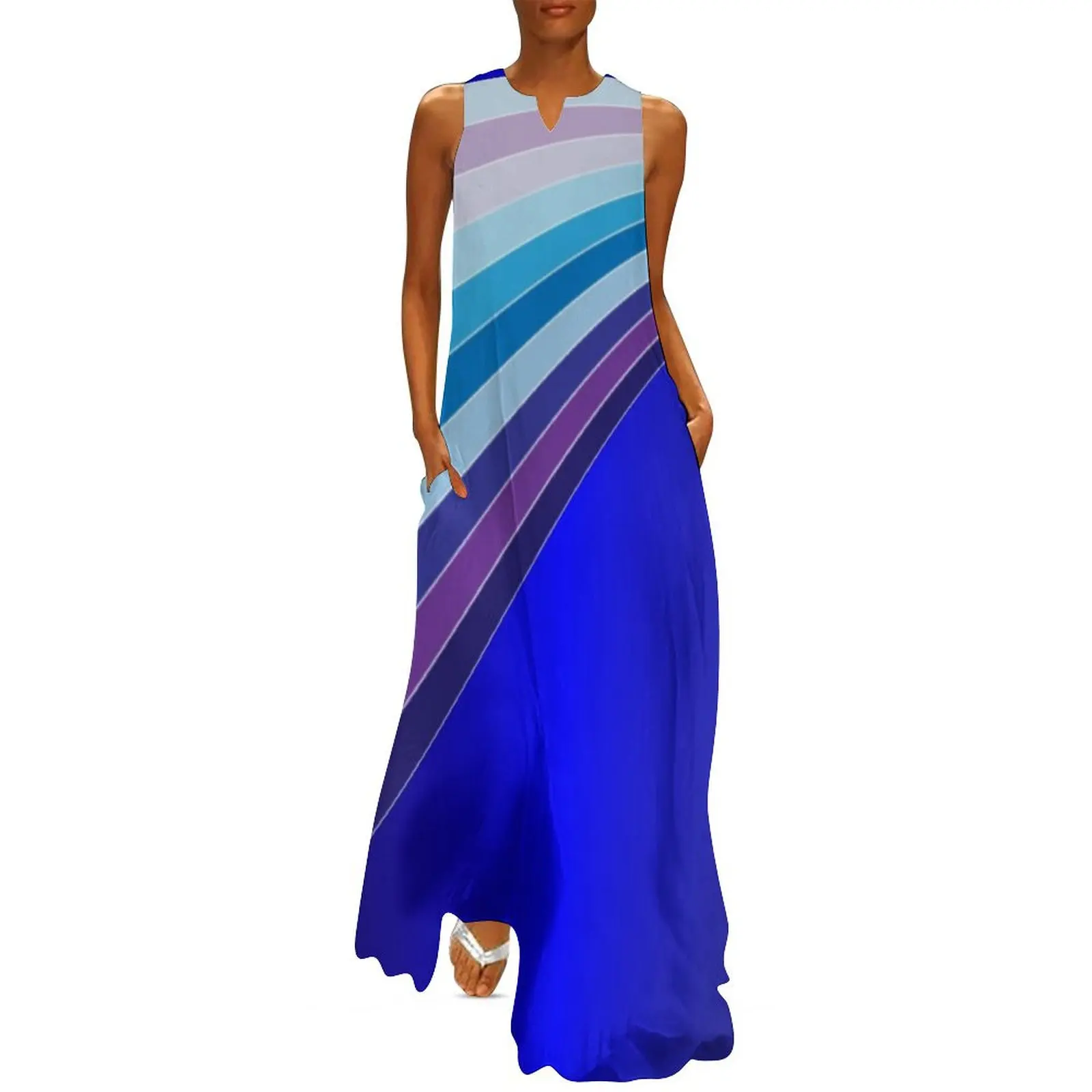 

65 MCMLXV Retro 70s Disco Blue Streaks of Light Pattern Long Dress Beachwear Women dresses summer