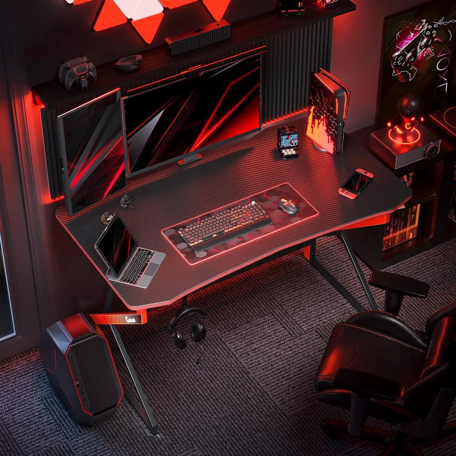 CubiCubi Simple Gaming Desk Z Shaped 55 inch Gamer Workstation, Home Computer Carbon Fiber Surface Gaming Desk PC Table with