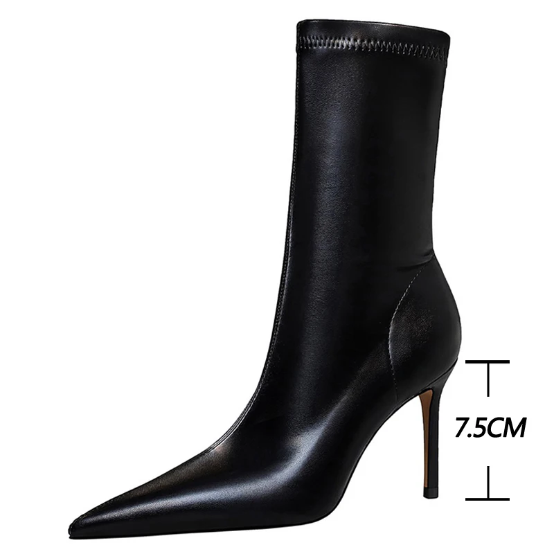 BIGTREE Shoes 2024 New Women Mid-Calf Boots Pointed Toe High-heel Boots Stiletto Heels Leather Boots Fashion Autumn Winter Boots