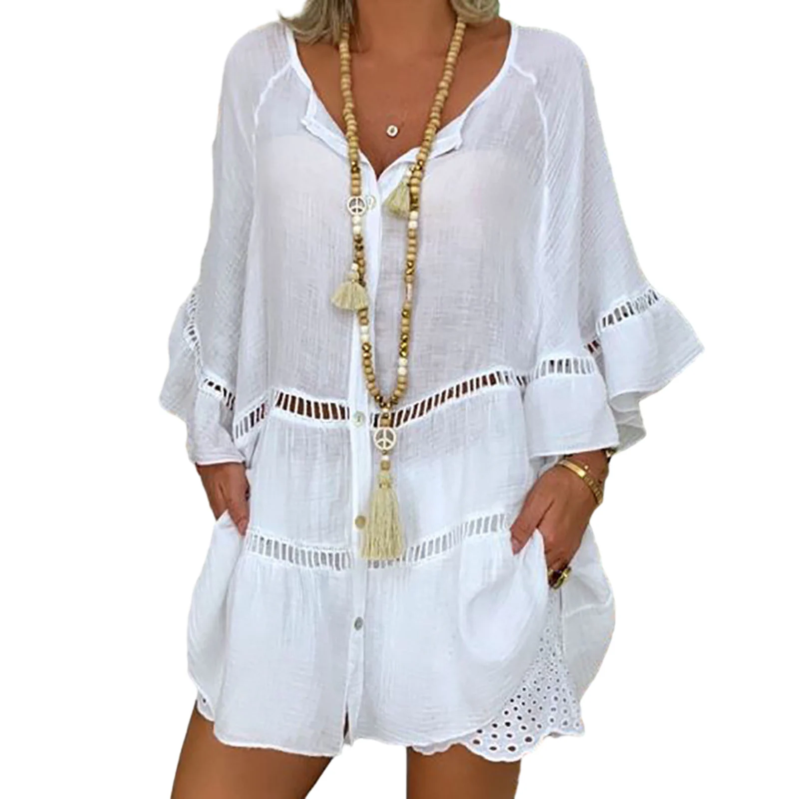 Women's Casual Shirt Dresses Loose Solid Color 3/4 Sleeve Beach Cover Up Shirts 4 Colors Optional Dresses