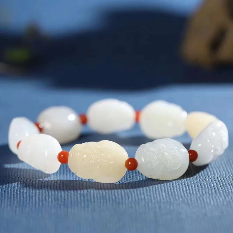 

Natural Xinjiang Hetian from Mountain Lohan's Head Carved White Jade Arhat Bracelet for Men and Women