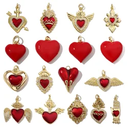 3pcs/Lot 18k Gold Color Red Enamel Heart Necklace Pendant Women Copper Zircon Angel Wing Crown DIY Charms Love Jewelry