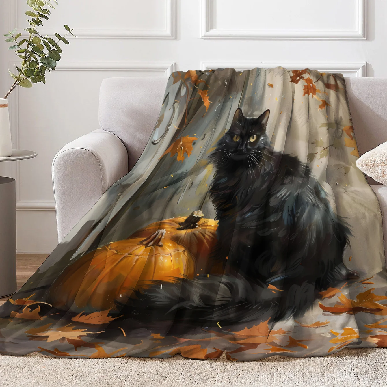 Vintage Oil Painting Black Cat Halloween Flannel Blanket, Pumpkin Maple Leaf Print Soft All Season Throw for Home Camping Decor