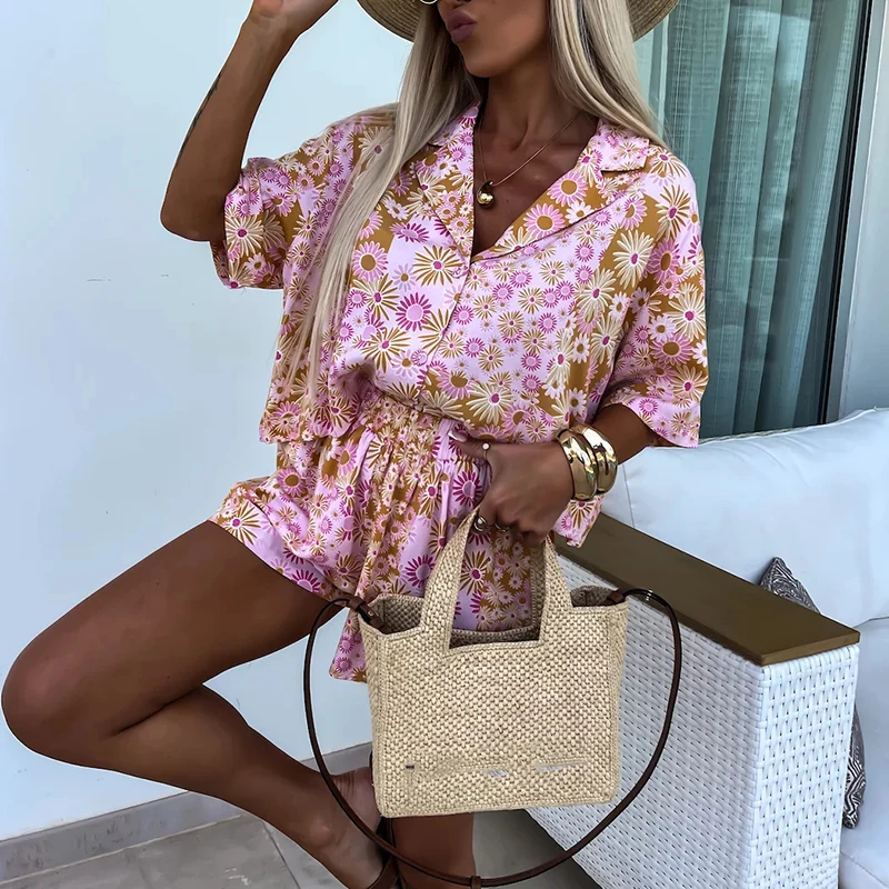 Fashion Bohemian Holiday Women Two Piece Set Pattern Printed Loose Summer Outfits Ladies Lapel Button Shirt + Shorts Beach Suit