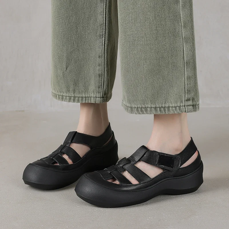 

Новинка 2023 года, летние женские сандалии из натуральной кожи, 22-24,5 см, женская обувь из воловьей кожи + овчины + свиной кожи, туфли-гладиаторы на платформе с Т-образной пряжкой