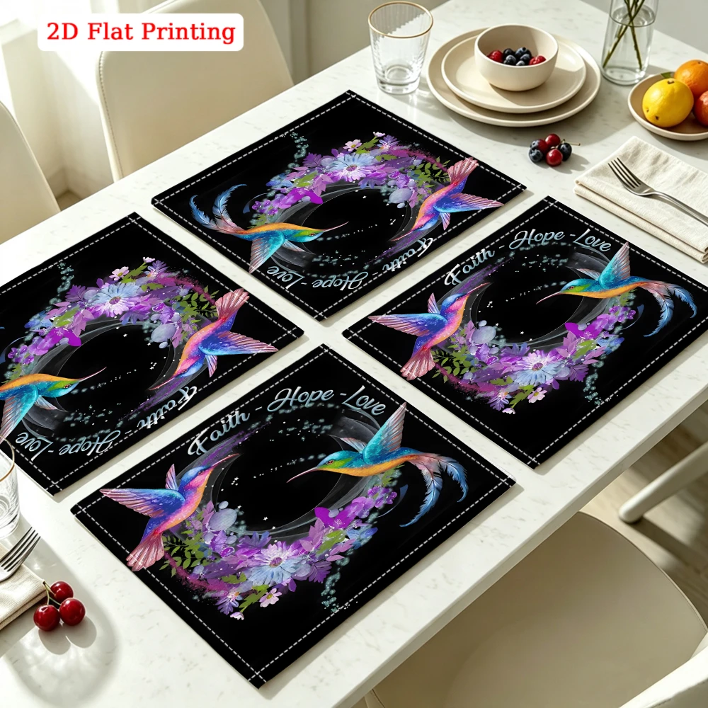 2Pcs Hummingbird Placemat Black Faith Floral Table Mat Kitchen Dining Decor Protection 30X40Cm