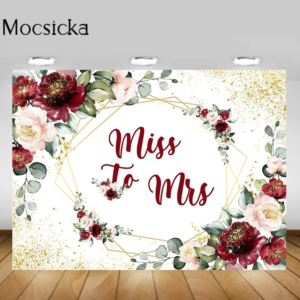 

Mocsicka Red Pink Flowers Birthday Backdrop Miss to Mrs Woman Birthday Wedding Photo Background Golden Frame Dots Custom Banner