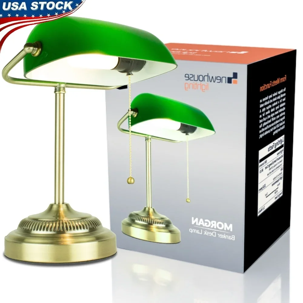 

Adjustable Energy Efficient LED Bankers Desk Lamp Antique Glass Shade Durable Metal Base Flicker Free Light Perfect Office Home