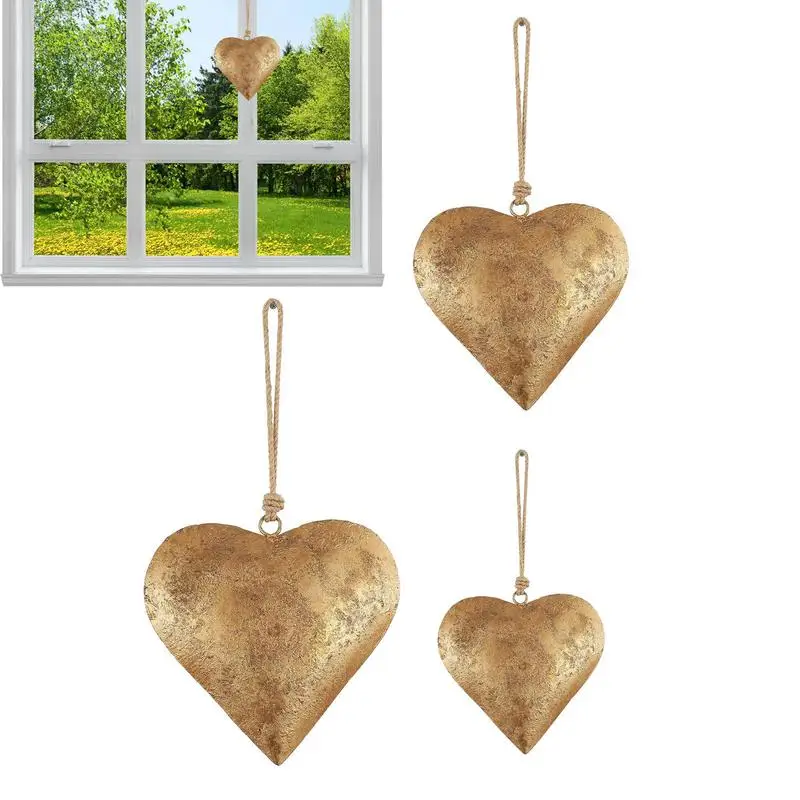 Metal Heart Wall Decor Golden Antique Finish Heart Bell Vintage Metal Heart Wall Art With Hangings Rope For Home Indoor Outdoor