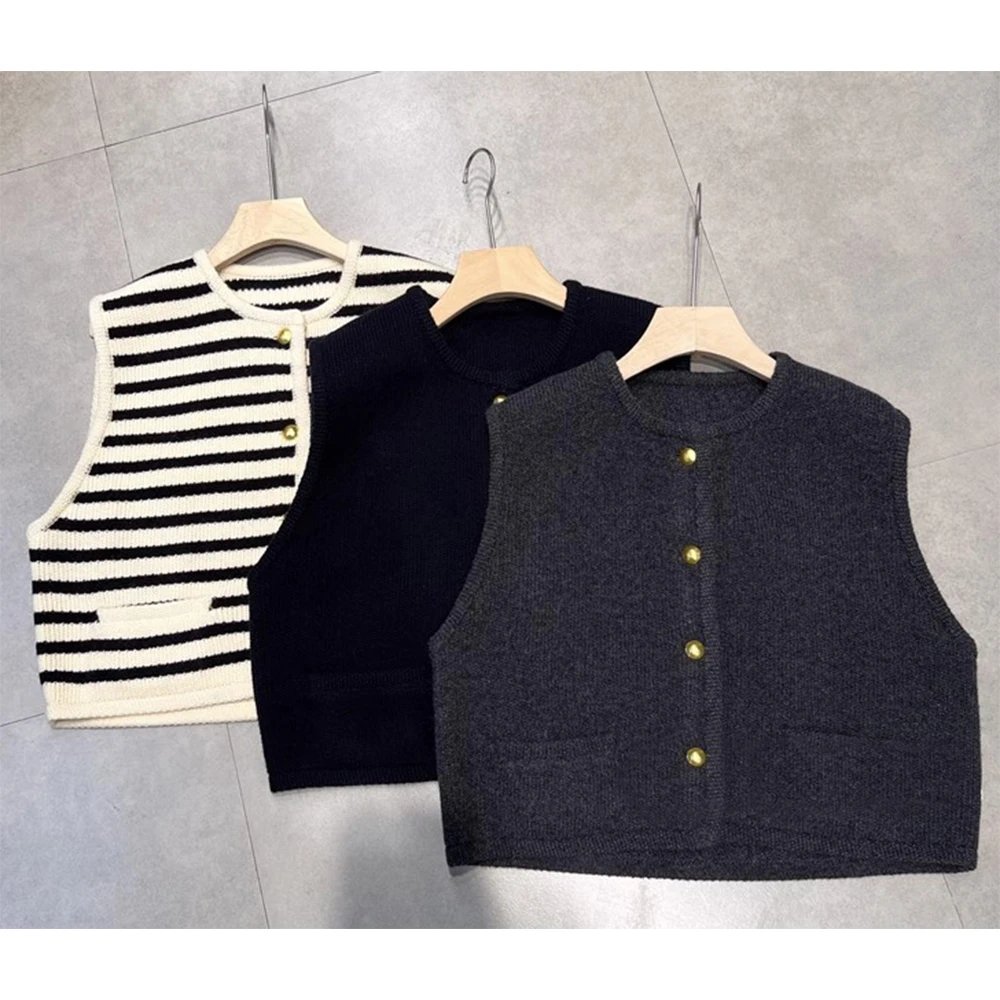 Women Striped Vest Contrast Sleeveless O-neck One Breated Soft Warm Knitting Tops Coat Female Autumn Winter Versatile Jackets