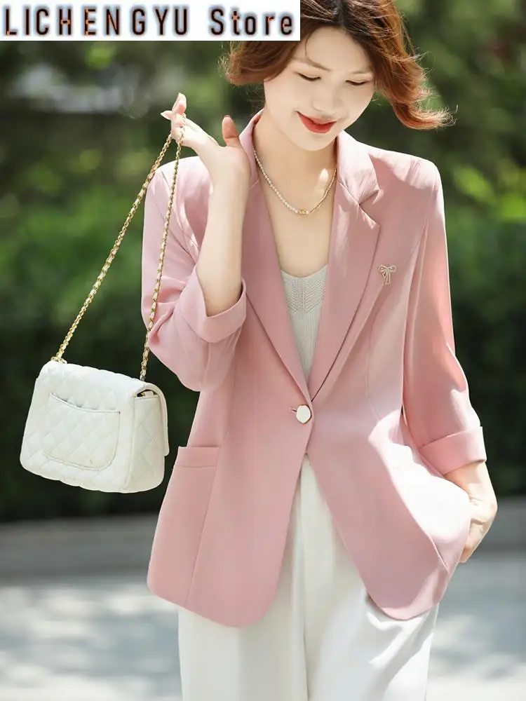 Spring and Summer Thin Women's Jacket Pure Color Comfort Breathable Casual Suit Western Style 3/4 Sleeve Top