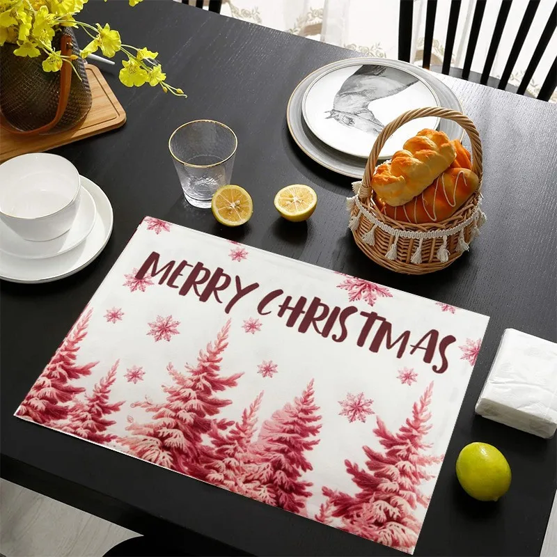 VIKAMA Linen Placemats Watercolor Christmas Trees Red Pink, Stain Resistant Easy to Clean, Dining Table Holiday Decor