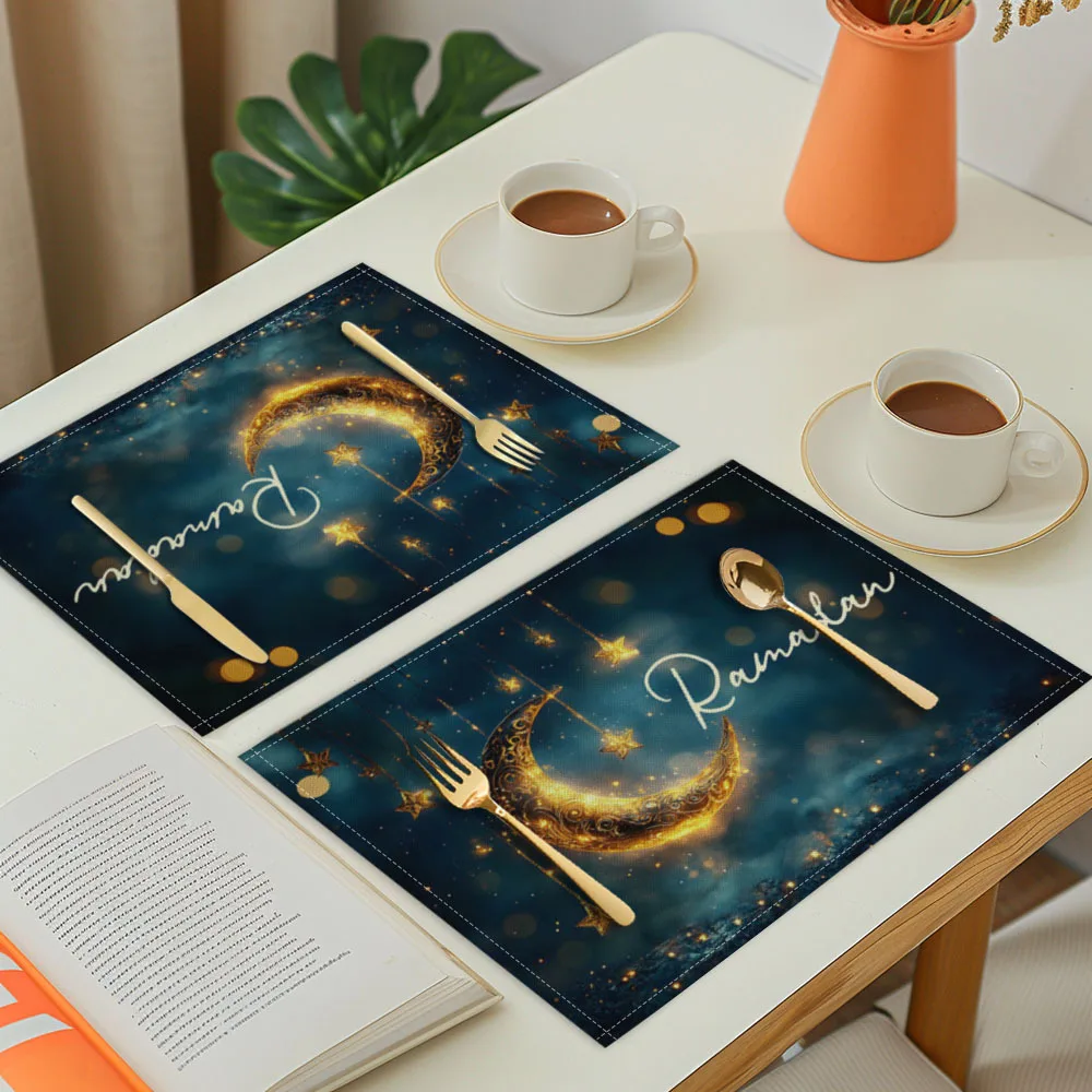 1PC Suige Home Ramadan Moon Lamp Placemats, Linen Rectangular Table Mats, Machine Washable, Festive Eid