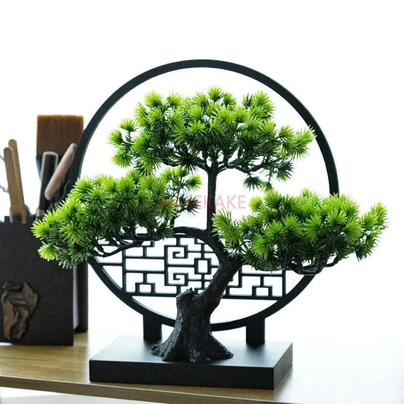 1pcs Chinese style simulation welcoming guests with pine, green plants, bonsai decorations for indoor landscaping and decoration