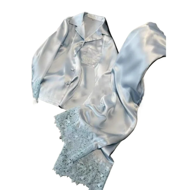 Pantalones de manga larga de otoño de seda de hielo y nieve de gama alta de encaje Jacquard satinado conjunto para el hogar pijamas ligeros de lujo ropa interior delicada