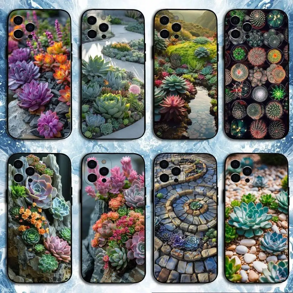 

SUCCULENT ROCK GARDEN Phone Case For iPhone17,16,15,14,13,12,11 Plus,Pro Max, Soft Silicone Black Cover
